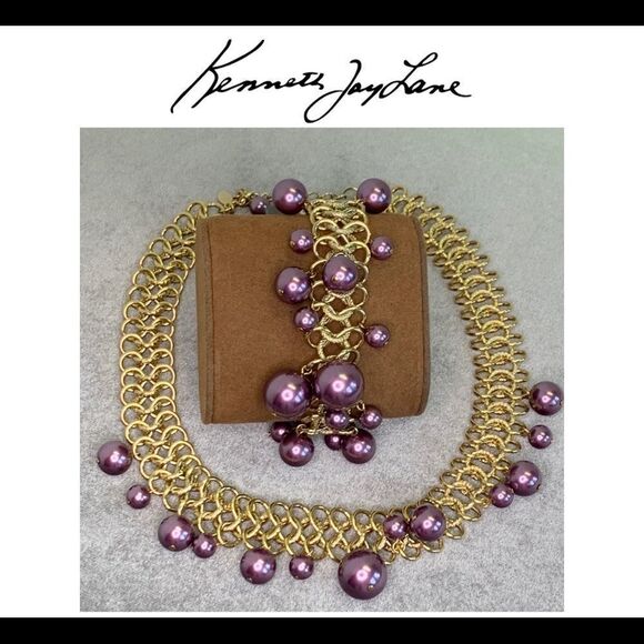VINTAGE Kenneth Jay Lane Rare Gold Amethyst Purple Glass PEARLNecklace bracelet - Picture 17 of 17